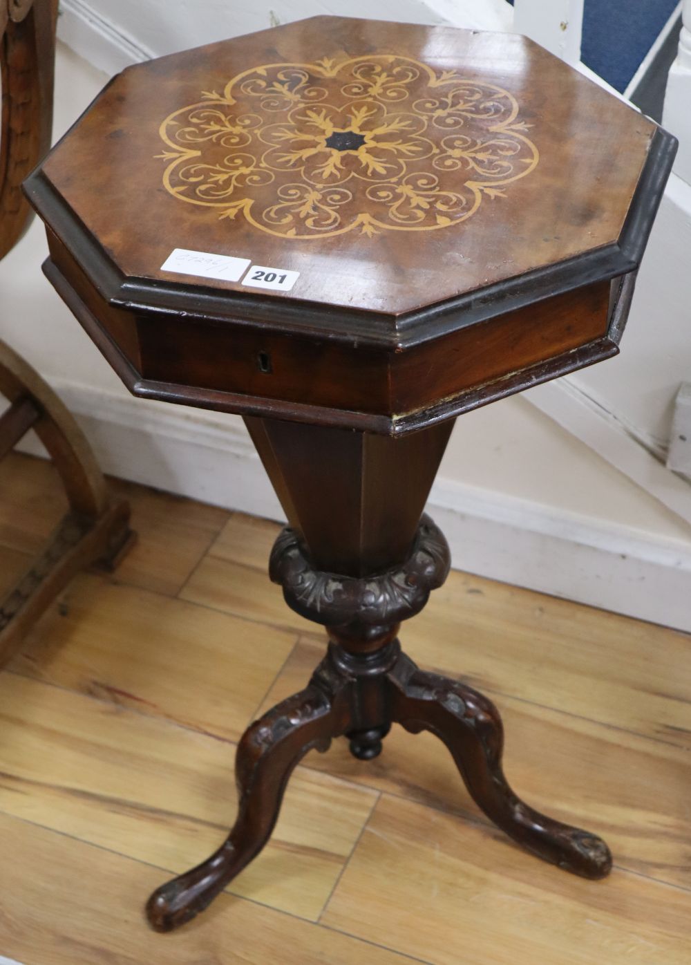 A late Victorian inlaid walnut trumpet work table, width 42cm, height 71cm